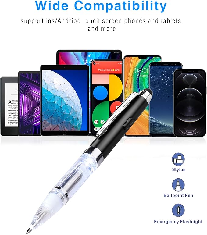 Pen with Light and Stylus Tip (2 cts), Penyeah 3 in 1 Light Up Pens with Rubber Tip Stylus for Touchscreens, Bright Light Pen for Writing in The Dark (2 White Light)