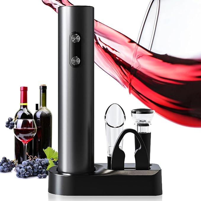 5-in-1 Electric Wine Opener Set with Wine Stopper, Wine Pourer, Foil Cutter, and Storage Base – Easily Remove Corks with the Push of a Button for Decanting and Preservation (Black VBGS)
