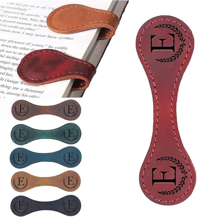 Personalized Magnetic Leather Bookmark, 26 Letters Custom Leather Bookmarks, Handmade, Leather Magnetic Bookmark for Book Lovers Readers Women Kid(Red，E）