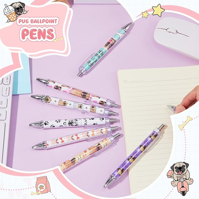Ireer 8 Pcs Ballpoint Pens for Women 1.00 mm Cute Black Ink Fancy Pens Fine Point Smooth Writing for Journaling Aesthetic Office Supplies(Pug)
