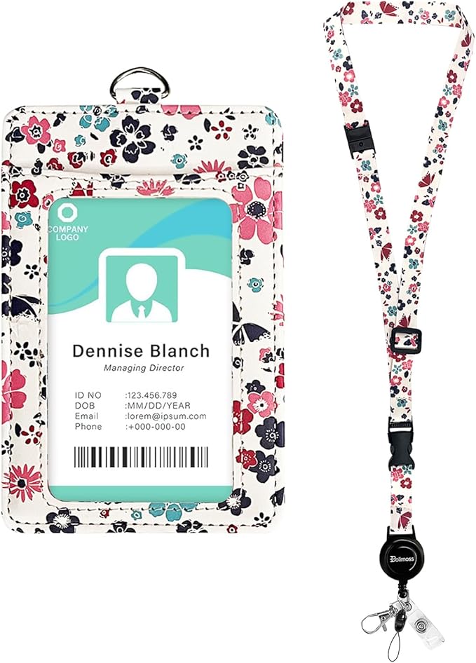 bolimoss ID Badge Holder with Adjustable Lanyard and Retractable Reel, Cute Flower Leather Card Name Tag Lanyard Vertical ID Protector Bage Clips for Nurse Doctor Teacher Student