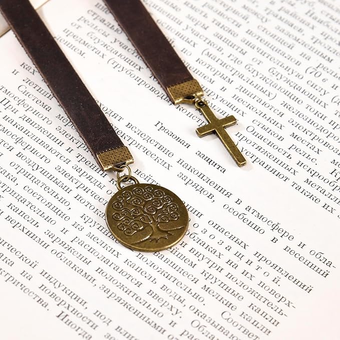 Bookmarks, Handmade Retro Cross Tree of Life Bible Bookmark with Long Leather Straps, Christian Saint Book Mark, Ideal Catholic Gift (Style 11)