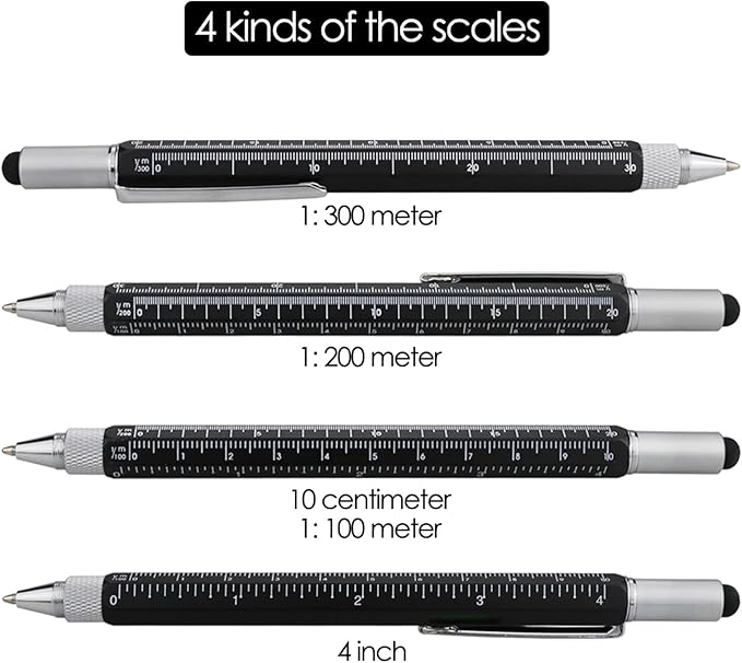 HeTaoCat Gifts Multi Tech Tool Pen 6 in 1 Stylus Pen - Screwdriver Pen with Ruler, Levelgauge, Ballpoint Pen Black ink (Black)