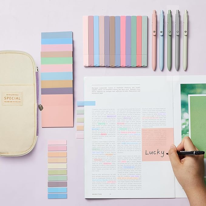 Jutom 39 Pcs Aesthetic Book Annotation Kit Pencil Case Bag with Highlighter Gel Pen 700 Sheets Transparent Sticky Notes Pads Index Tab Bible Study Supplies for School(Purple,Cute Style)