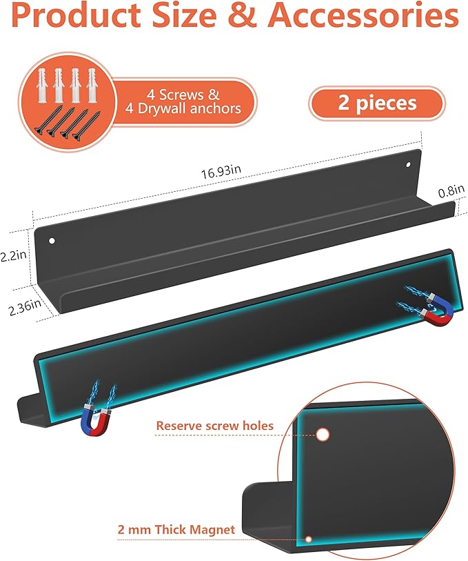 Magnetic Book Shelf for Whiteboard, Reusable Metal Magnetic Bookshelves with Strong Adsorption Capacity, 2-Pack 17'' for Classroom Whiteboard Office & Fridge Storage, Holds up to 12.5 lbs