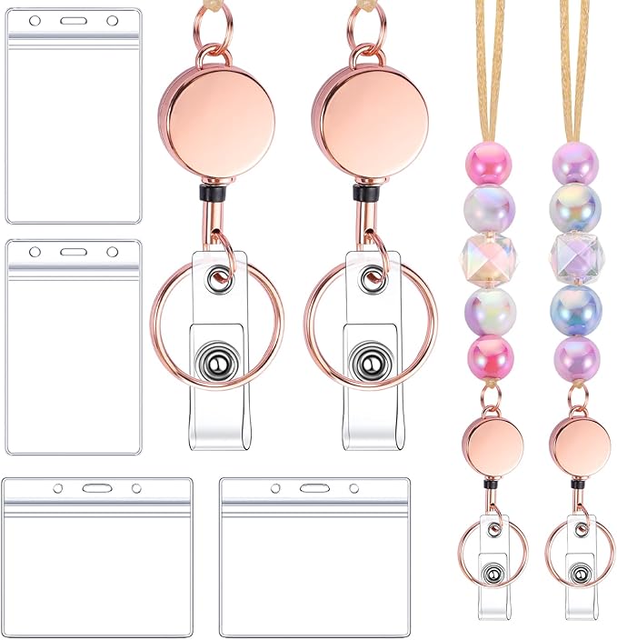 6 in 2 Set Retractable Lanyard for ID Badges, Teacher Lanyard with Badge Holders Beaded Cute Lanyards for ID Badges Keys Teacher Appreciation Gifts Office Gift for Coworkers