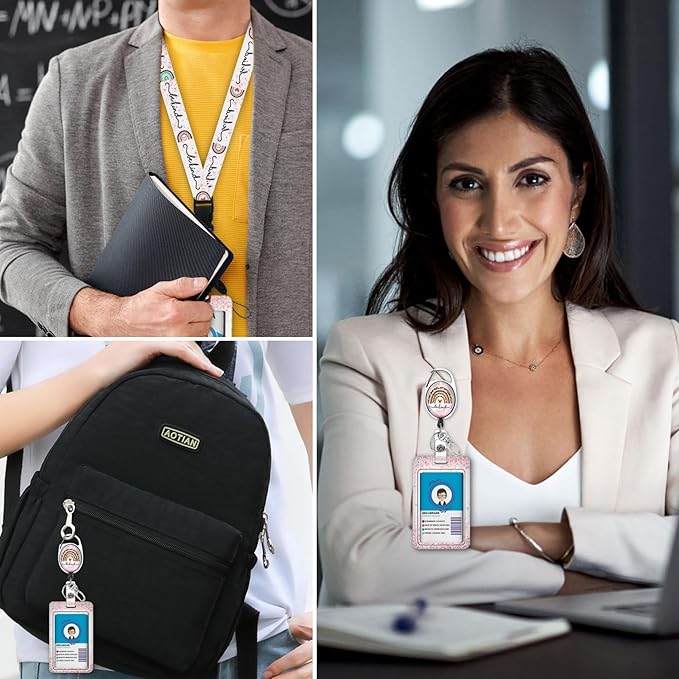 Cute Rainbow Lanyards for Id Badges, Retractable ID Badge Holder with Detachable Lanyard, Fashionable Badge Reel Heavy Duty with Carabiner Clip, Nurse Teacher Office Gifts