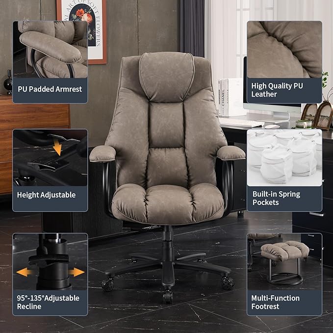 Office Chair Big and Tall, High Back Home Office Chair 400 lbs, Executive Office Chair with Ottoman, Ergonomic Office Chair with Padded Armrest, Swivel Computer Chair PU Leather (Grey)