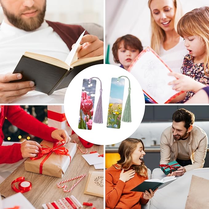 50 Sets Sublimation Blank Bookmarks Double Sided with Colorful Sleeves Tassels,Clear Bookmark and Self-Sealing Bags,Heat Transfer Metal Aluminum DIY Bookmark with Hole