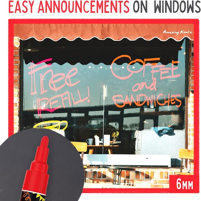 5 Red Chalkboard Chalk Markers - Red Dry Erase Markers for Blackboard, Chalkboard Signs, Windows, Glass | Variety Pack - Fine & Jumbo Size Ink Pen (1mm, 3mm, 6mm, 10mm, 15mm)