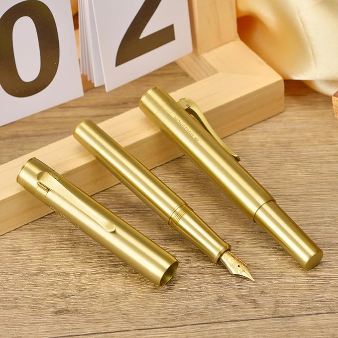 Hongdian M2 Black Forest Mini Fountain Pen, Medium Soft Golden Nib & Sleek Shape Brass Short Pocket Travel Pen (Glossy Brass)