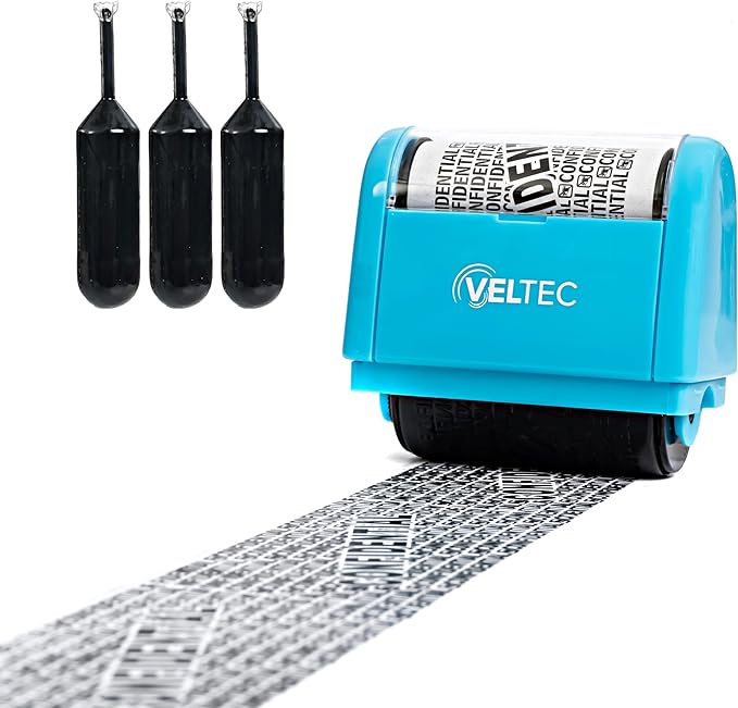 Veltec ID Protector Ink Roller - Identity Theft Protection Roller Stamp Set (Blue, Stamp+3 Refills)