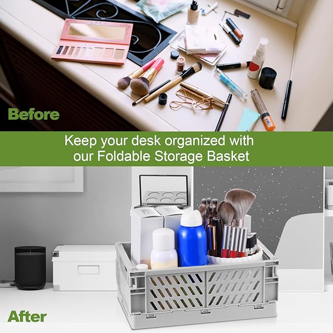 4-Pack Small Pastel Plastic Storage Baskets, Collapsible Crates for Organizing, Space-Saving Mini Bins for Classroom, Kitchen, Office, Bedroom (Green, 9.8" x 6.5" x 3.8")