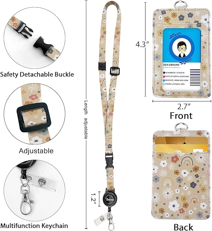 bolimoss Flowers Rainbows Badge Holder with Adjustable Retractable Lanyard, Cute Leather ID Name Badge Card Holder with Quick Release Buckle and Safety Breakaway Lanyards for ID Badges