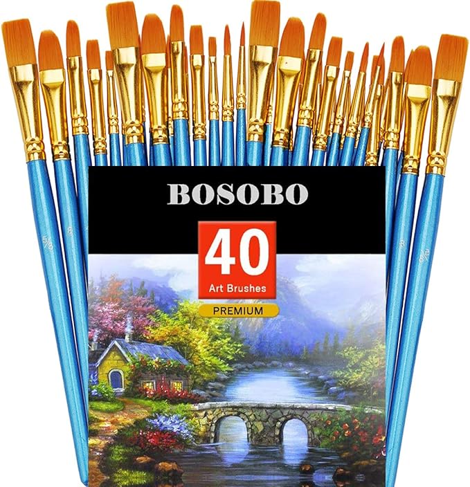 BOSOBO Pointed-Round Paint Brush, 4 Sets of 10 Pieces Fine Tip Nylon Hair Miniature Paint Brushes for Acrylic Oil Watercolor Gouache, Artist Face Nail Body, Paint by Numbers, Model Craft & Rock Art