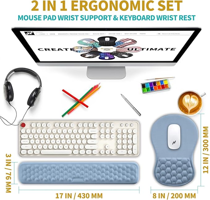 Hokafenle 2 in 1 Ergonomic Mouse Pad Wrist Support & Wrist Rest for Computer Keyboard Set, with Relieve Carpal Tunnel Pain Massage Bulge and Full Memory Gel Design (2In1 Set, Lake Blue)