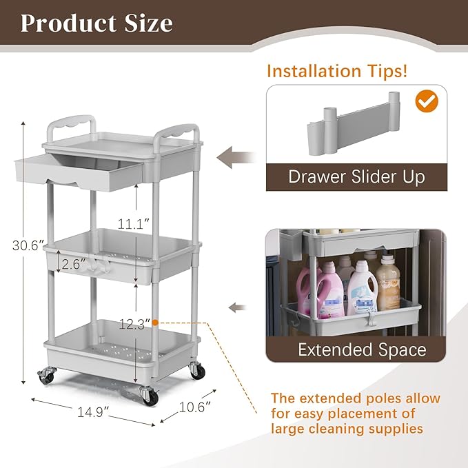 Rolling Utility Cart with Drawer 3 Tier, Utility Storage Organizer with Plastic Shelf & Lockable Wheels Multifunctional Storage Cart for Kitchen, Bathroom, Office, Living Room, Gray