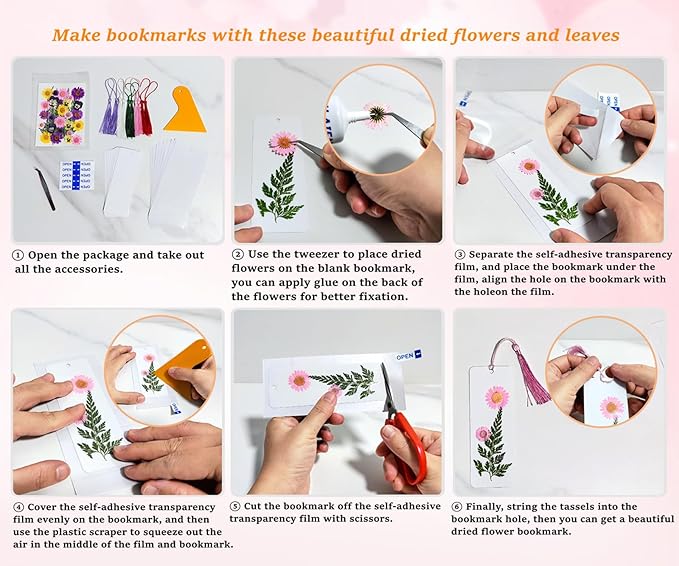 Cardstock Blank Bookmarks Set, 10 Pcs DIY White Craft Bookmarks for Pressed Flowers, Dried Flower Bookmark Making Kit with 36 Pcs Pressed Flowers, 10 Pcs Tassels, DIY Bookmarks for Dried Flowers