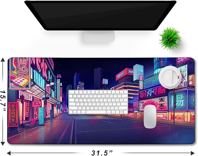 Japanese City Big Desk Mat Large Office Desk Pad, Durable Extended Mouse Mat, 31.5"x15.7" Computer Mousepad with Non-Slip Rubber Base & Stitched Edge for Home Office Gaming Work