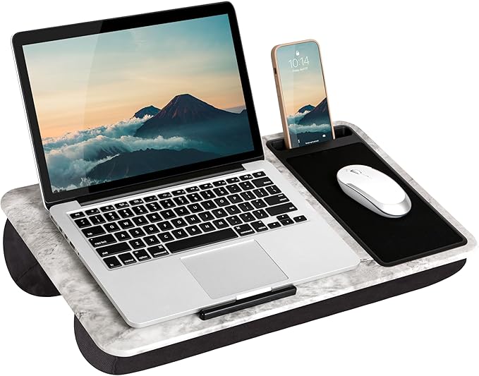 LAPGEAR Home Office Lap Desk with Device Ledge, Mouse Pad, and Phone Holder - White Marble - Fits Up To 15.6 Inch Laptops - Style No. 91501