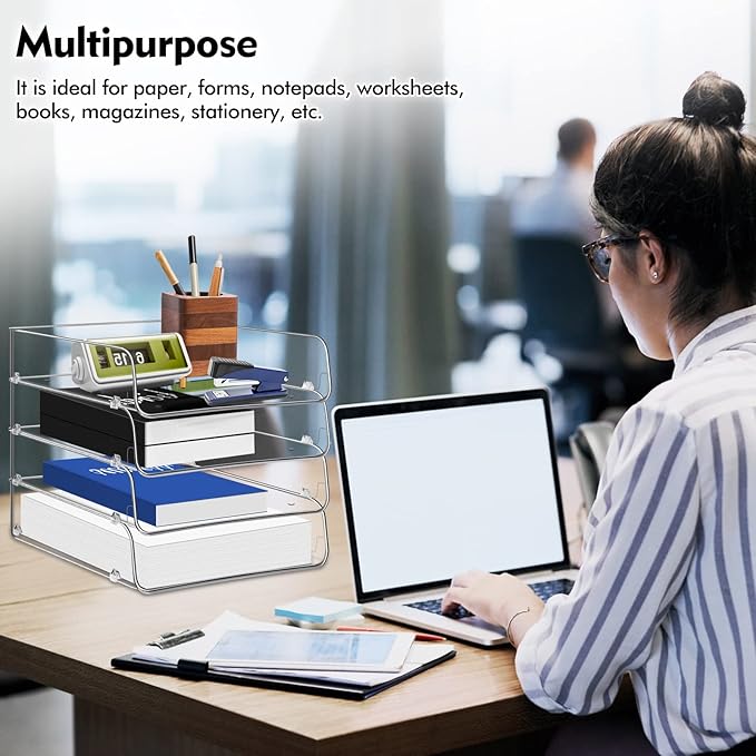 Stackable Paper Trays, 4 Tier Desktop File Organizer, Letter Tray for Office Supplies, Magazine