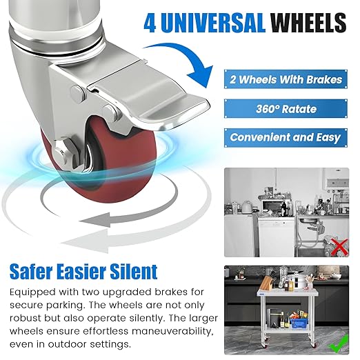 Stainless Steel Table for Prep & Work with 4 Caster Wheels with Undershelf 18 x 24 NSF Metal Commercial Kitchen Prep Table with Adjustable Under Shelf Worktable for Restaurant Home Outdoor
