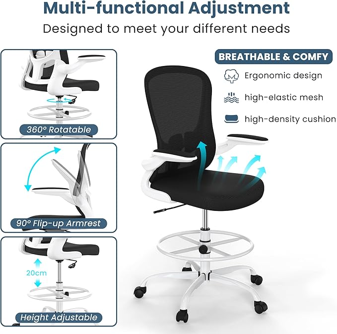 Drafting Chair, Tall Office Chair with Flip-up Armrests Executive Ergonomic Computer Standing Desk Chair, Office Drafting Chair with Lumbar Support and Adjustable Footrest Ring
