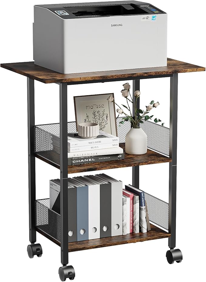 Printer Stand, 3-Tier Mobile Industrial Printer Table with Anti-Fall Storage Shelf, 23"x15" Home and Office Rolling Cart for Printer, Fax Machine, Laminator, Scanner