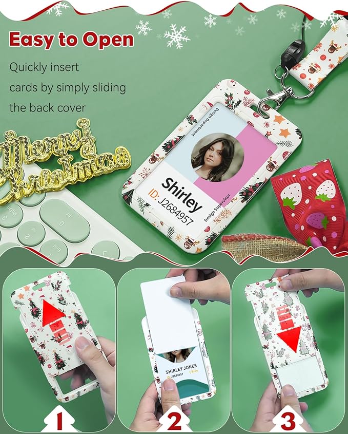 Uniclife 2 Pack Christmas Sliding Badge Holder Hard ID Card Holder with Cartoon Santa Claus & Snowman Patterns Vertical Card Protector with Retractable Badge Reel Carabiner & Detachable Lanyard Strap