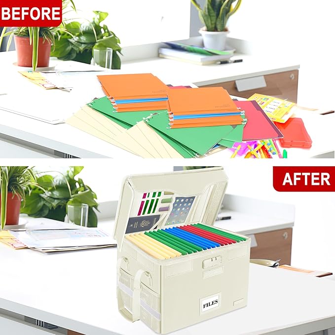 DocSafe File Box Fireproof Document Box with Lock, File Storage Organizer Box with Pockets,Collapsible Portable File Box Home Office File Cabinet with Handle for Hanging Letter/Legal Folder,Beige