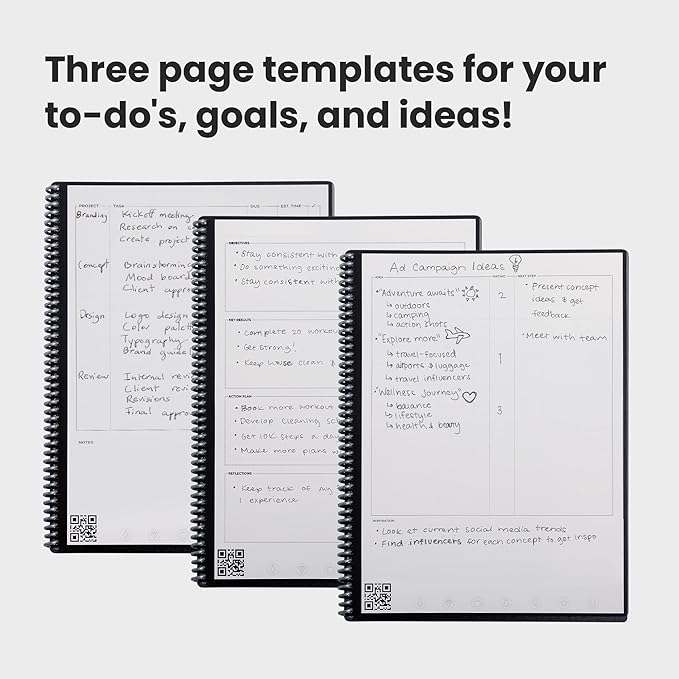 Rocketbook Fusion Reusable Undated Productivity Planner, Letter Size 8.5x11, Black - Goals, Monthly and Weekly Calendar, Daily To-do List, Lined and Dotted Notes Pages