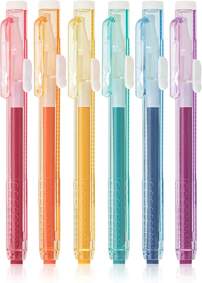 Mr. Pen- Retractable Mechanical Eraser Pen, Pack of 6, Vintage Color Erasers, Clear Barrel Pencil Eraser, Eraser for Pencils, Retractable Eraser Pen, Eraser for Artists, Eraser for Pens