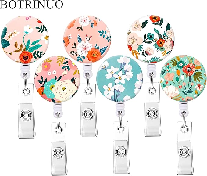 Retractable Badge Reel Clip, Badge Holder with Alligator Clip, Cute Badge Clip on ID Name Card Holders for Nurse Doctor and Office (6Pack Flowers)
