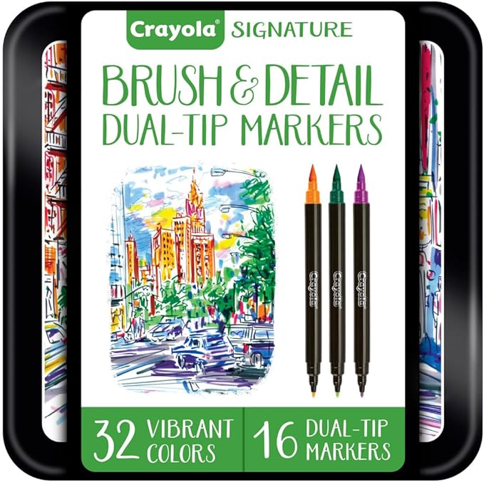 Crayola Brush & Detail Dual Tip Marker Set, 16 Markers, 32 Colors, Adult Coloring Markers, Gifts for Teens & Adults