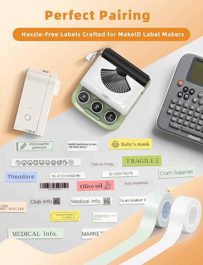 MakeID L1 E1 Q1 Label Maker Tape Refills, 5-Roll 16mm x 4m (0.63" x 13') Continuous Consumables Thermal Laminated Office Labeling Tape Replacement