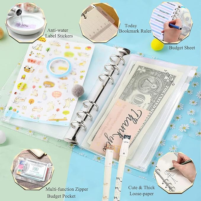 36 Pieces A6 Binder PVC Cover with 10 Clear Binder Pockets, Waterproof 6-Ring Budget Binder Envelopes System Budget Planner Organizer, Budget Sheets & Card Bags & Papers & Label for Cash Envelopes
