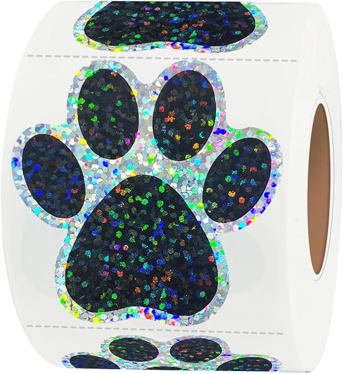 2 Inch Paw Stickers,300Pcs Sparkle Black Paw Stickers,Self-Adhesive Holographic Shiny Bear Paw Stickers Roll for Kids Birthday Decor Envelopes Seals Cards Gift Wrap