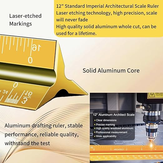 Aluminum Architectural Scale - 12" Imperial, Triangle Drafting Ruler (Golden)