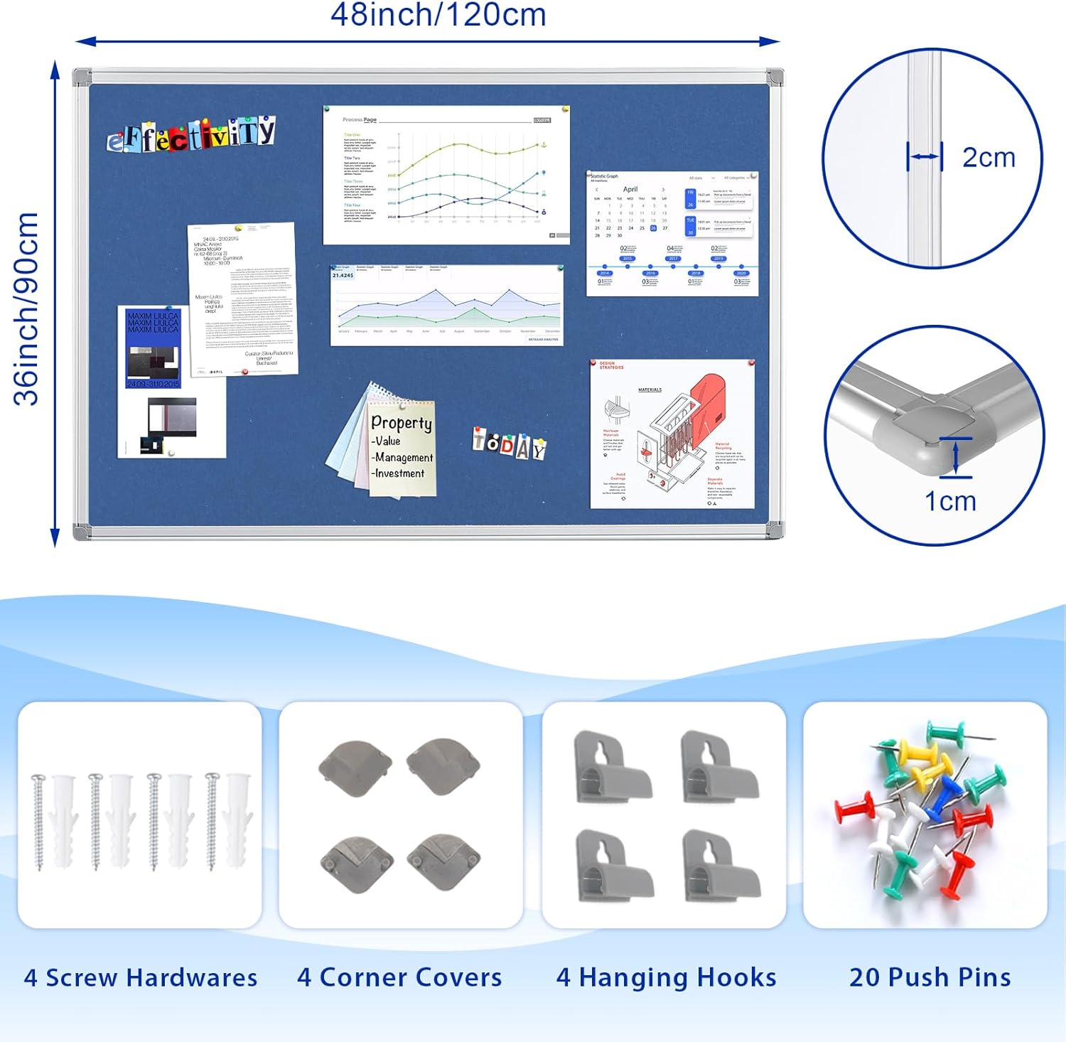 Felt Bulletin Big Vision Pin Board Notice Booard Wall-Mount Organization for Photo Message Velcro,Blue,48x36inches