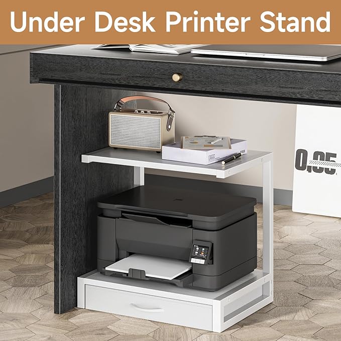 2-Tier Desktop Printer Stand with Fabric Drawer, Prtiner Table with Storage Shelf, Desk Organizer for Home Office,3D Printer,Fax Machine,Scanner, 17.3"x11.8" White