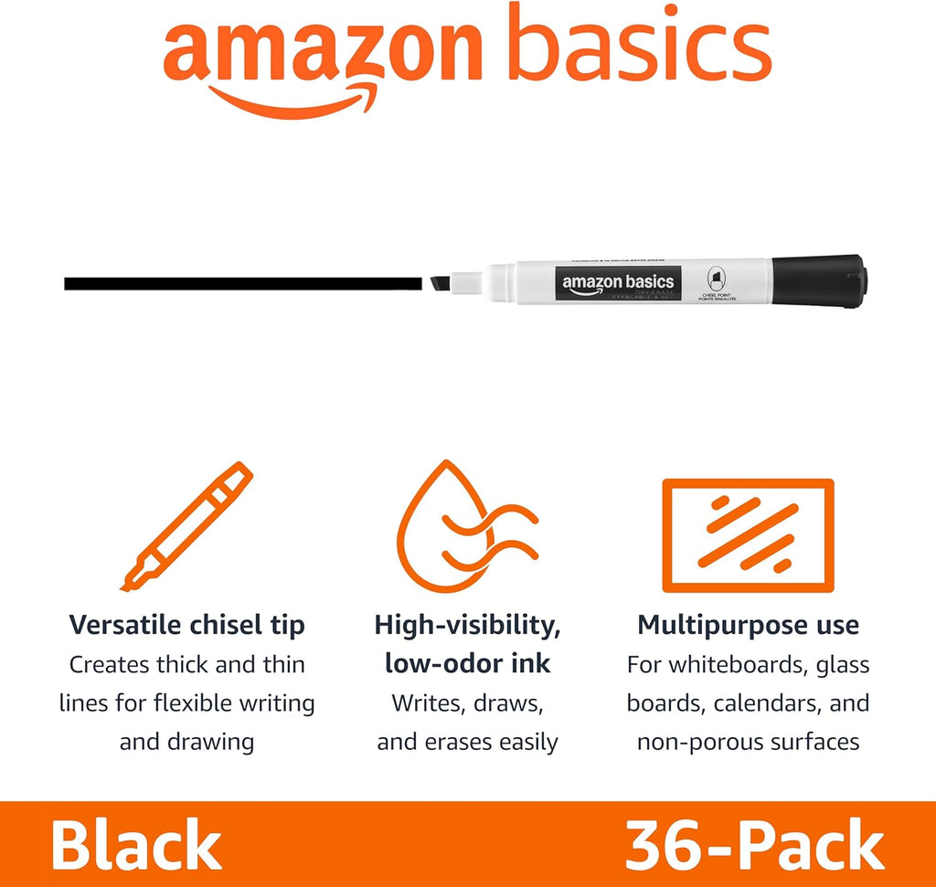Amazon Basics Low-Odor Dry Erase Whiteboard Markers, Chisel Tip, Black, 36 Count