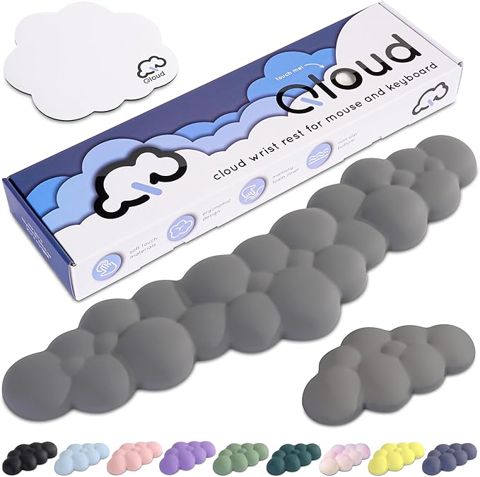 Qloud Cloud Wrist Rest Keyboard Wrist Rest for Computer Keyboard Pad, Cloud Keyboard Wrist Rest, Wrist Pad for Keyboard, Memory Foam, Non Slip Base, Comes with Mouse Pad - Soft Gray