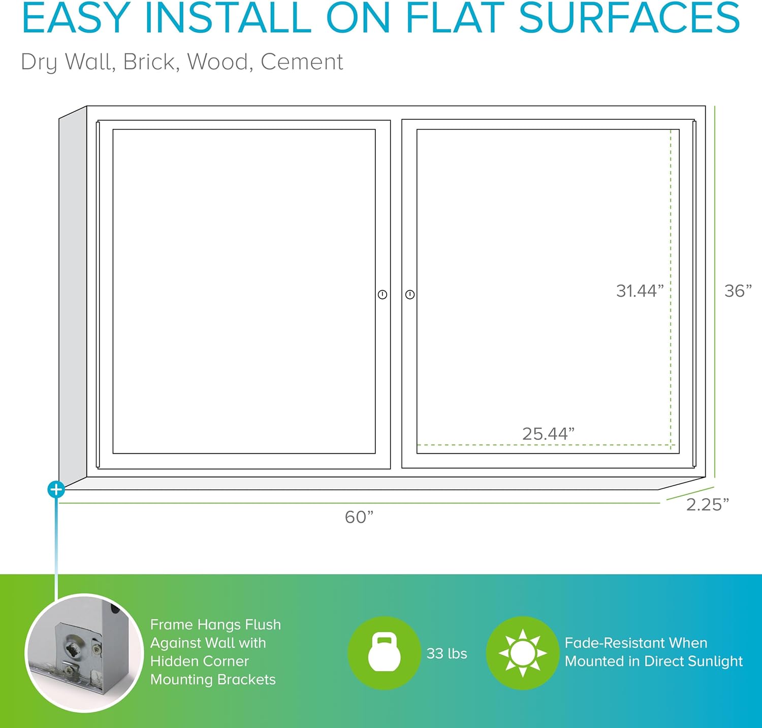 Ghent 36"x60" 2-Door indoor Enclosed Recycled Rubber Bulletin Board, Shatter Resistant, with Lock, Satin Aluminum Frame,Black (PA23660TR-BK) ,Made in the USA