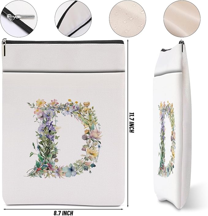 Monogrammed Book Sleeve Floral D Initial Book Pouch Book Accessories Book Lovers Gifts Waterproof Book Cover Book Protector Bookish Gifts Personalized Gifts for Women Girls Readers Bride Daughter