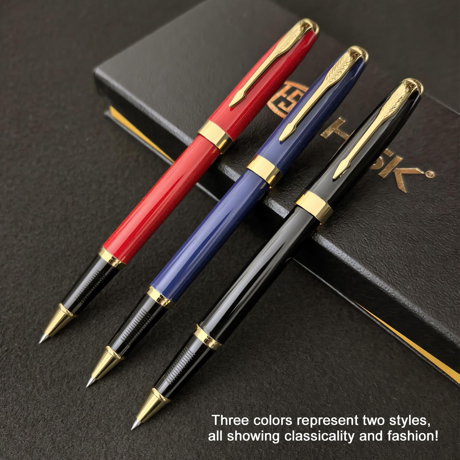 HSK Ballpoint Pens Executive Fountain Pen with Gold Trim, Gift Box Set, Available in Black, Red, Navy Blue,Black Refill Line width 0.5mm (Black)