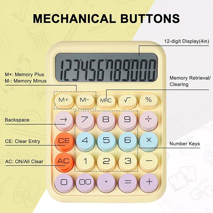 Mechanical Switch Calculator with Big Buttons, Calculators Desktop, 12 Digits, Large LCD Display, Desk Calculator, Cute Pink Calculator for Teachers Students Basic Office (Yellow)