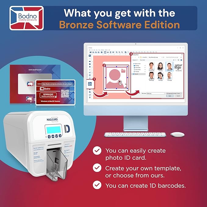 Bodno Magicard D Dual Sided ID Card Printer & Complete Supplies Package ID Software - Bronze Edition