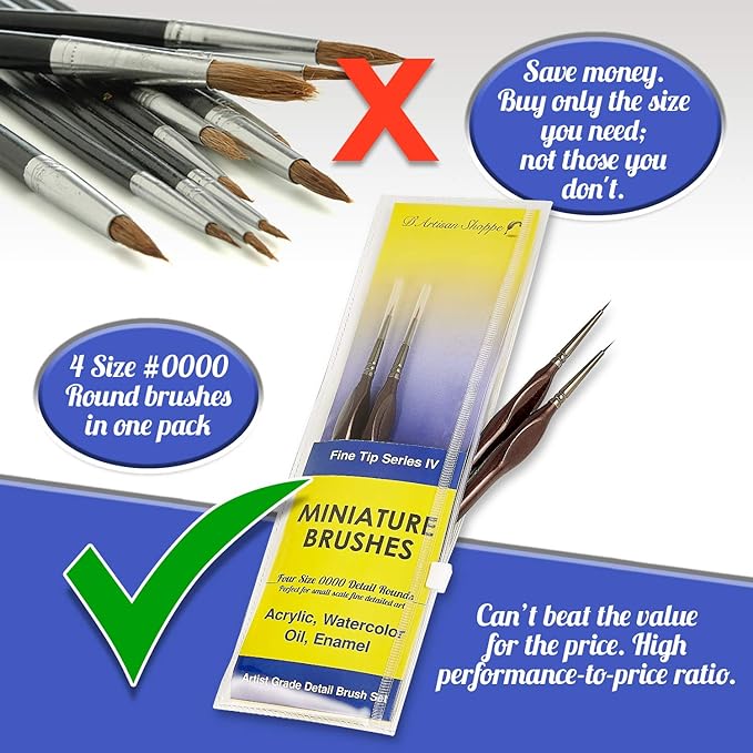 Micro Paint Brush Detail Set - Ultra Fine Tip Thin Paintbrush 4pc Round Size 0000 (4/0) for Tiny Miniature Painting. Model Mini Artist Brushes for Acrylic, Watercolor, Oil, Paint by Numbers Painting
