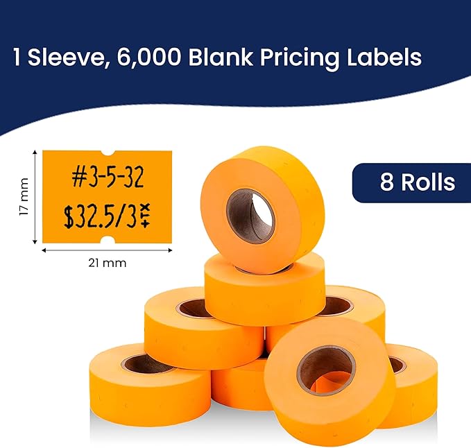 Perco 2 Line Fluorescent Orange Labels - 8 Rolls, 1 Sleeve, 6,000 Blank Price and Date Gun Labels for Perco 2 Line Price and Date Guns - Made in USA