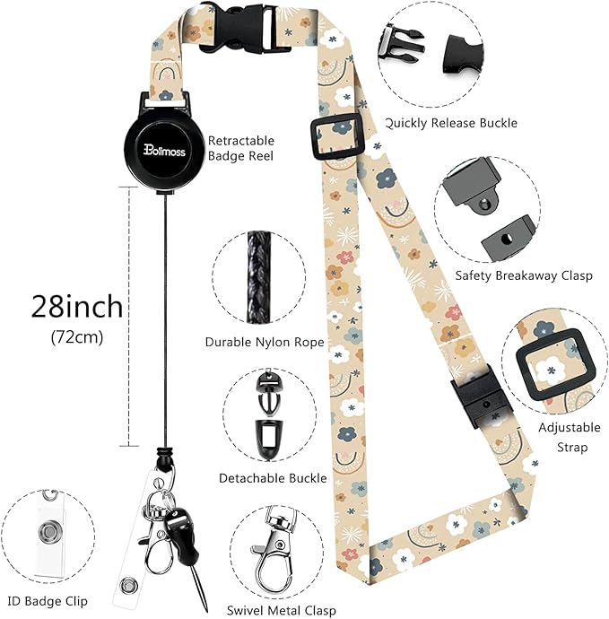 bolimoss Flowers Rainbows Badge Holder with Adjustable Retractable Lanyard, Cute Leather ID Name Badge Card Holder with Quick Release Buckle and Safety Breakaway Lanyards for ID Badges